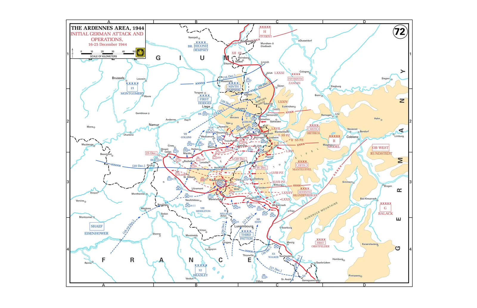 Map of the Ardennes showing the initial German attack and the encirclement of Bastogne, 16-25 December 1944