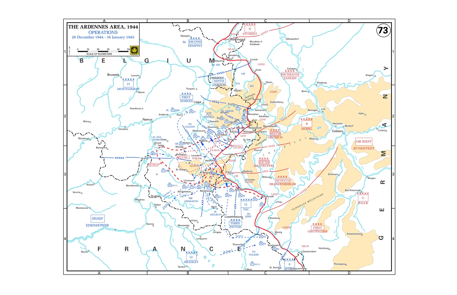 Map of the Ardennes showing Allied operations from 26 December 1944 to 16 January 1945