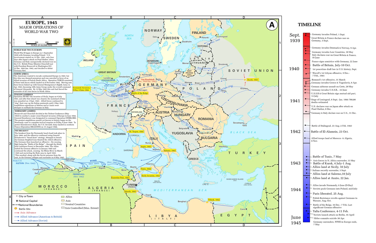 Map of Europe showing the major Allied and Axis operations of the Second World War, 1939-1945