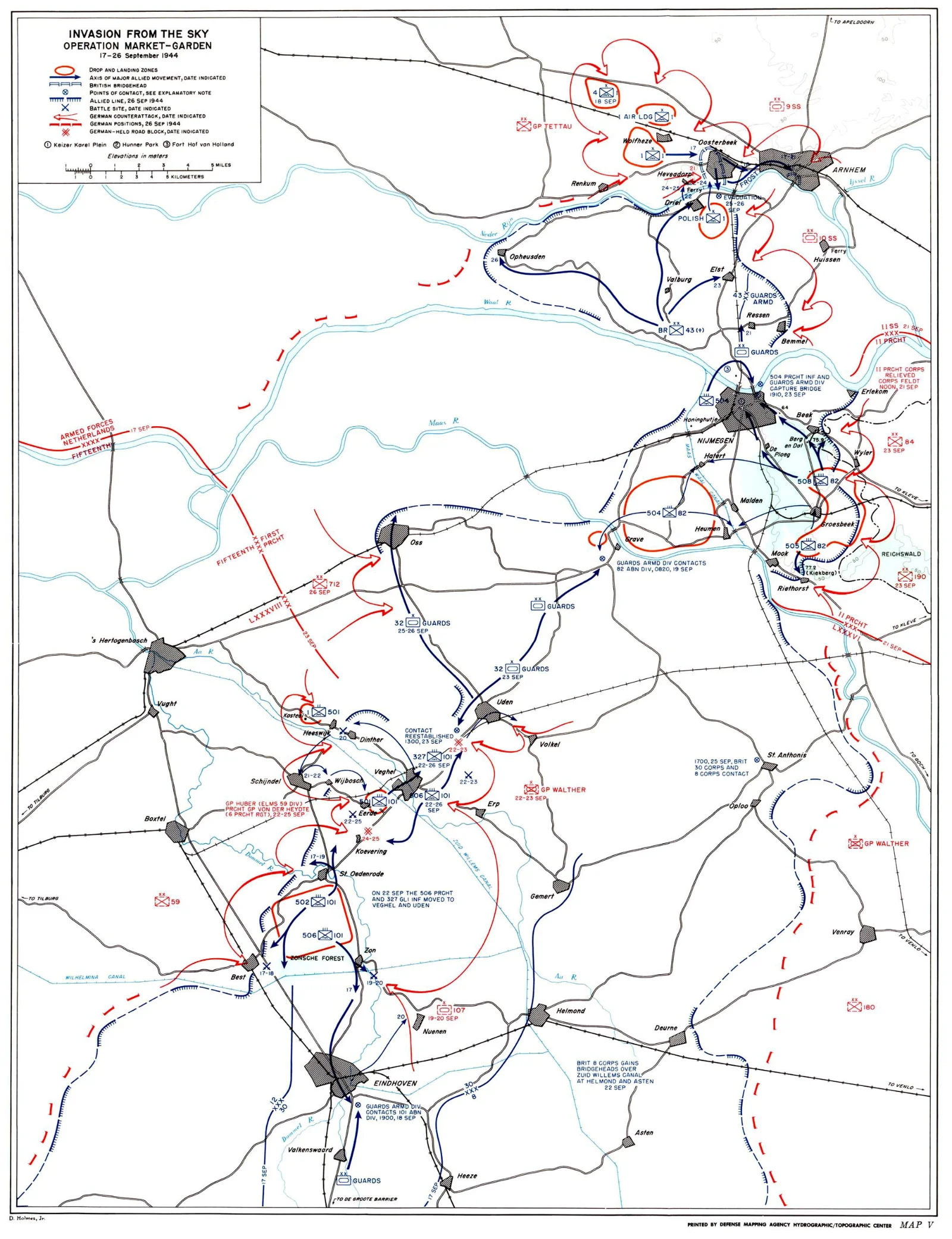 Map of the Operation Market Garden corridor from Eindhoven through Nijmegen to Arnhem, 17-26 September 1944