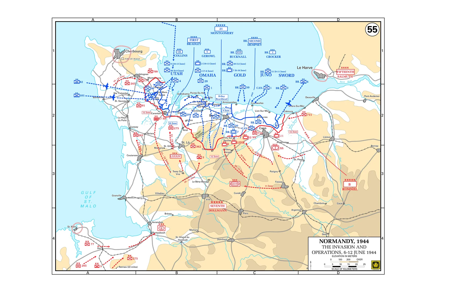 Map of the Normandy beachhead showing Allied operations from 6 to 12 June 1944