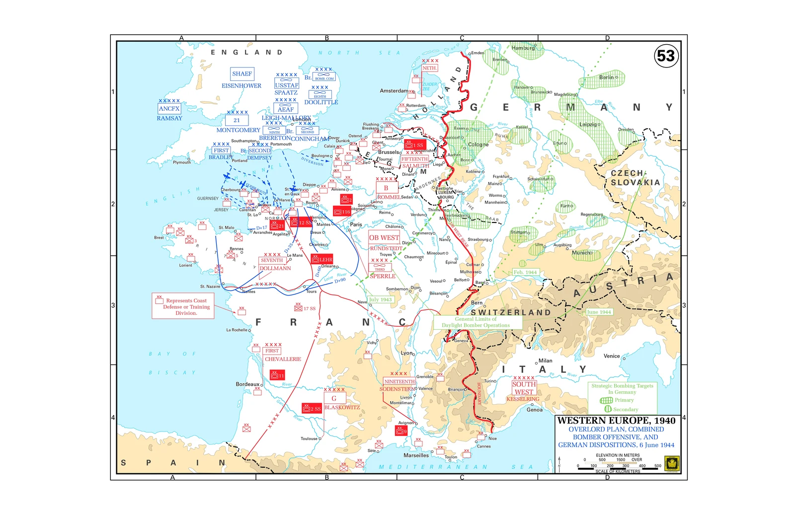 Map of western Europe showing the OVERLORD invasion plan, the Combined Bomber Offensive and German dispositions on 6 June 1944