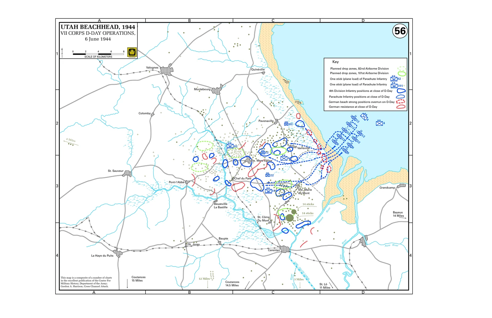 Map of the Utah Beach sector showing VII Corps operations and 101st Airborne drop zones on D-Day